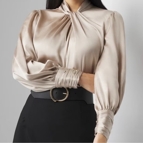 This satin blouse has a twisted neckline keyholes and blouson sleeves for flair - Picture 6 of 7